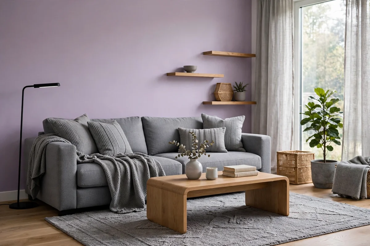 Modern living room pairing lilac walls with a grey sofa and grey accents