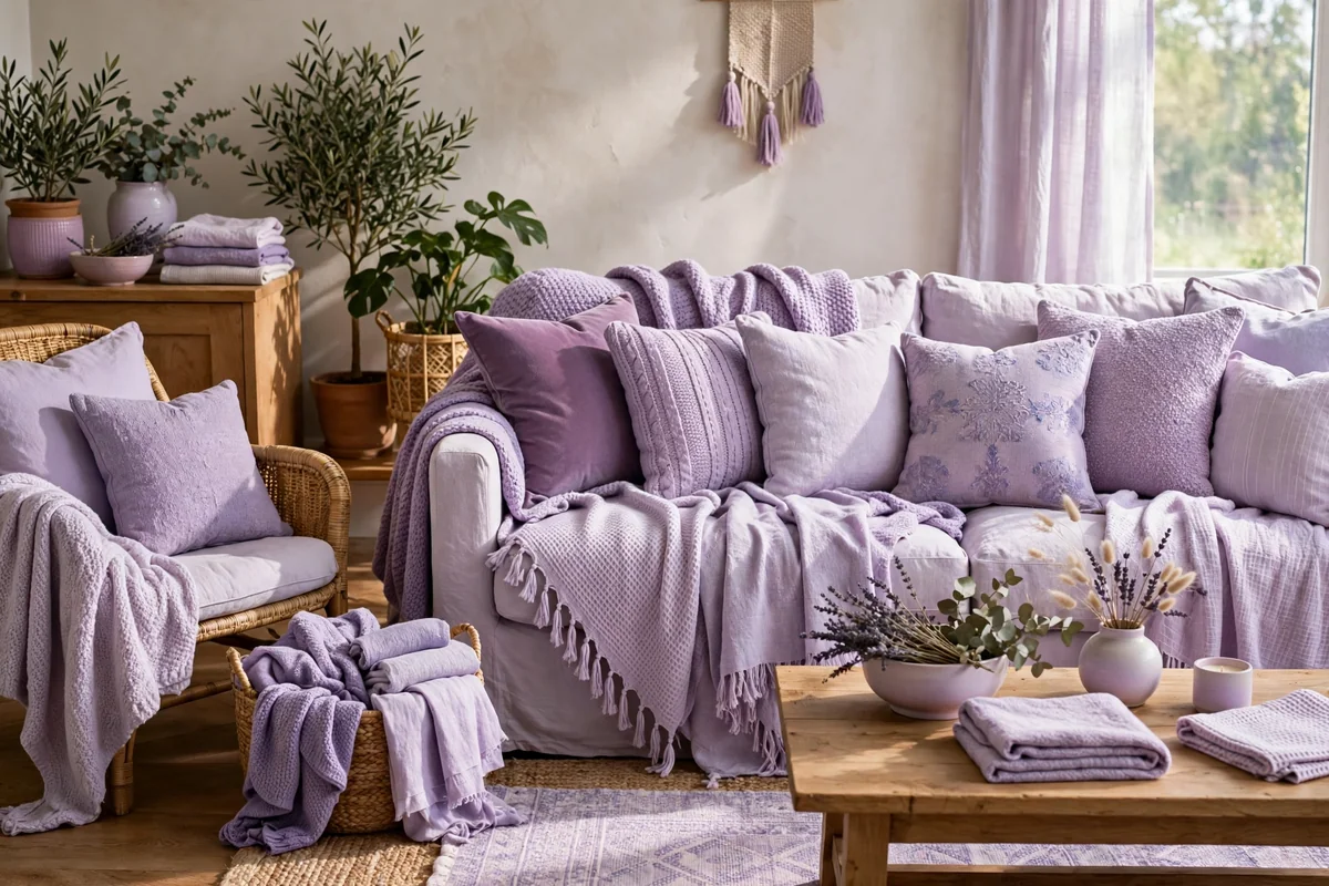 Living room with layered lilac textiles, cushions and throws in various shades