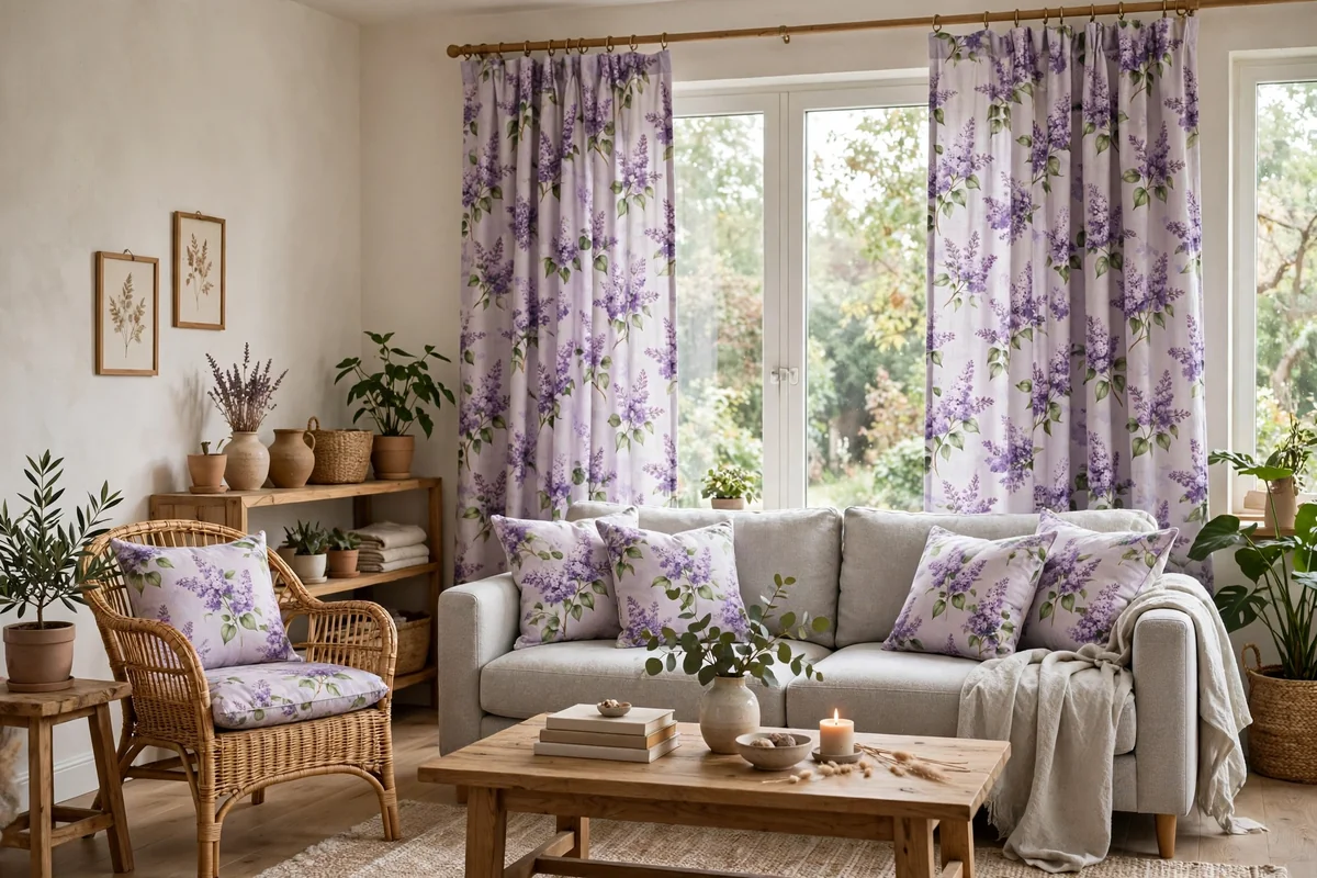 Living room with lilac floral patterned curtains and matching cushions