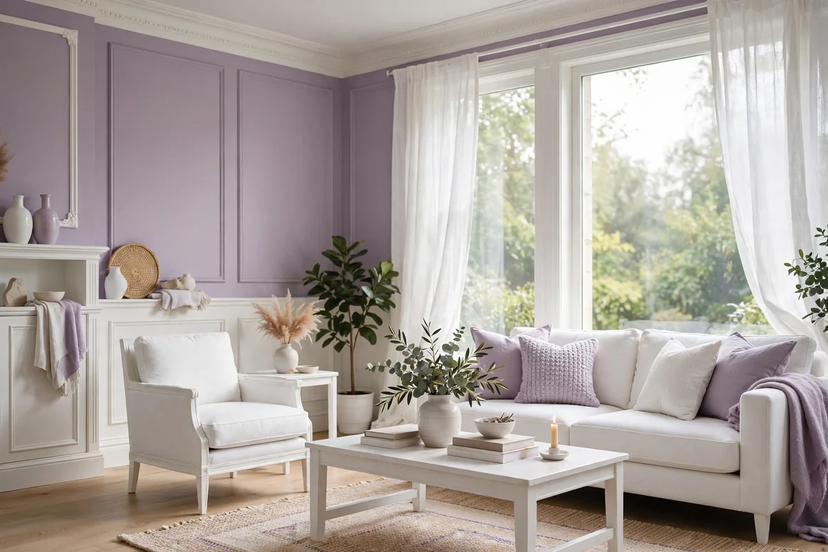 Elegant living room combining lilac walls with crisp white furniture and trim