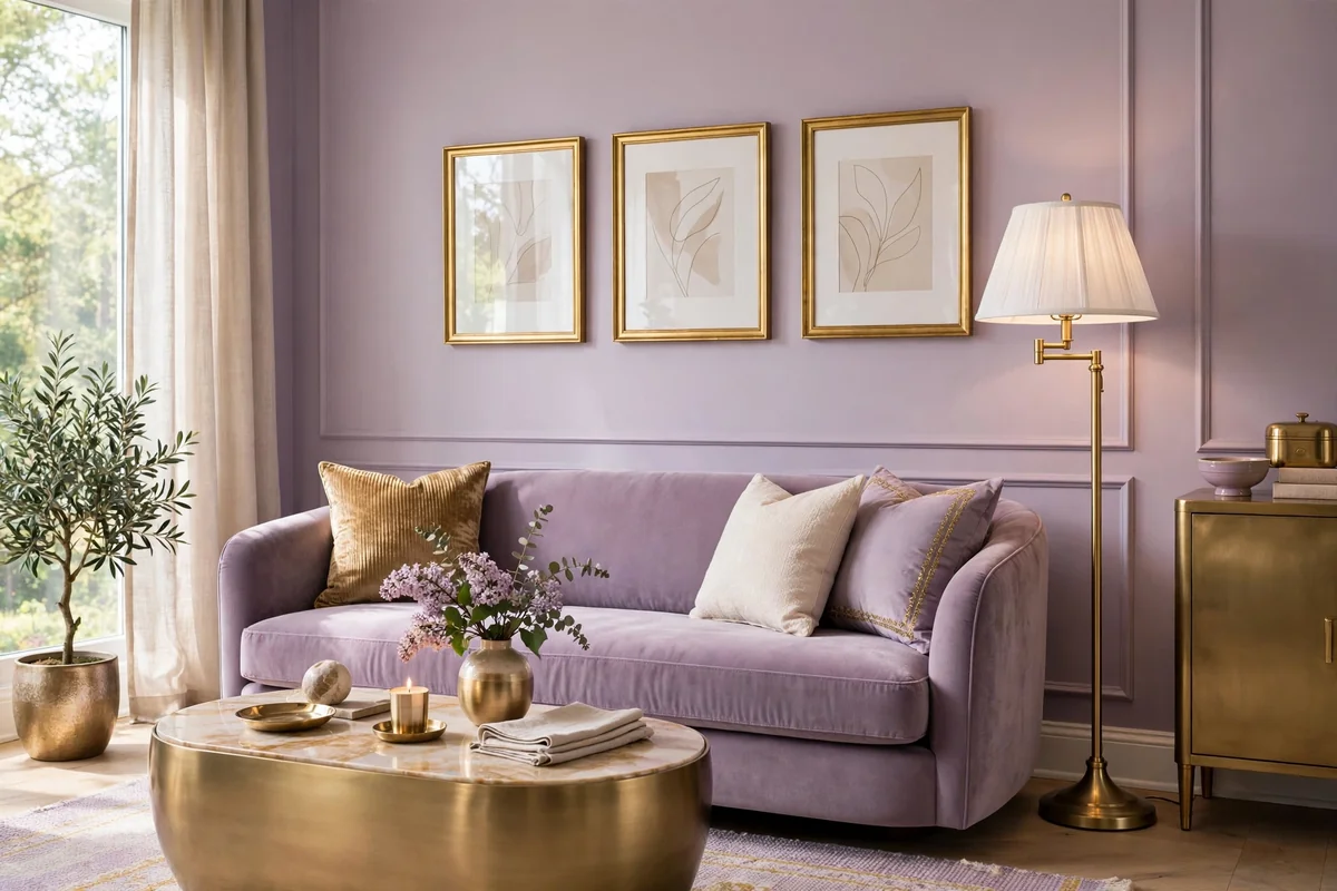 Lilac living room with brushed gold and brass accent details, lamp and frames