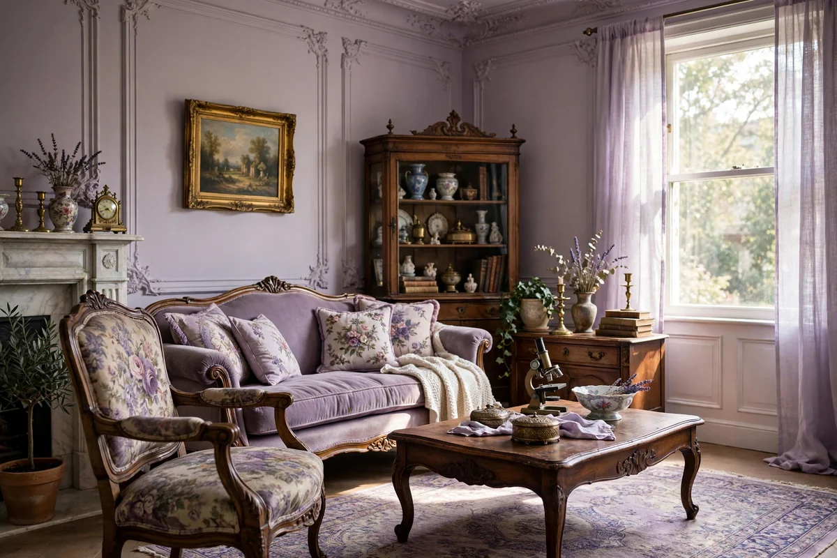 Lilac living room with vintage style furniture, antique armchair and classic decor