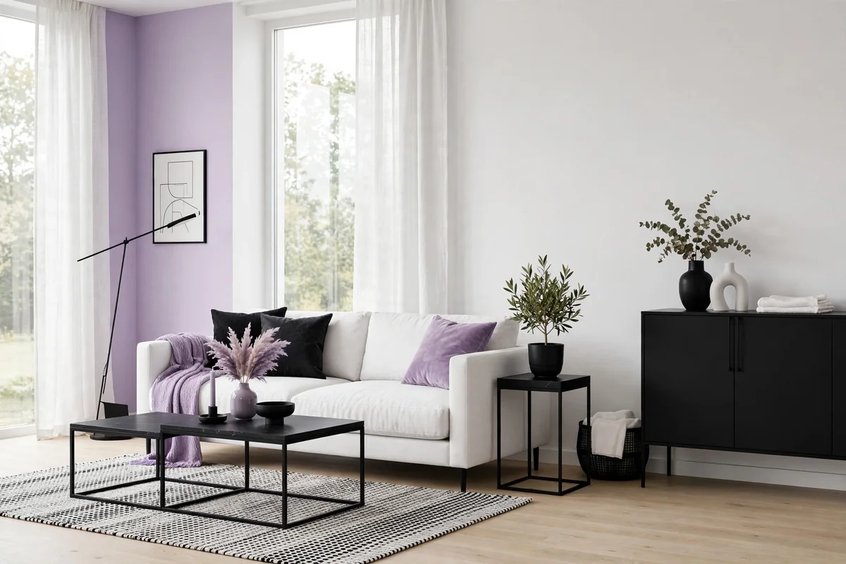 Minimalist living room in lilac, white and black with sleek modern furniture
