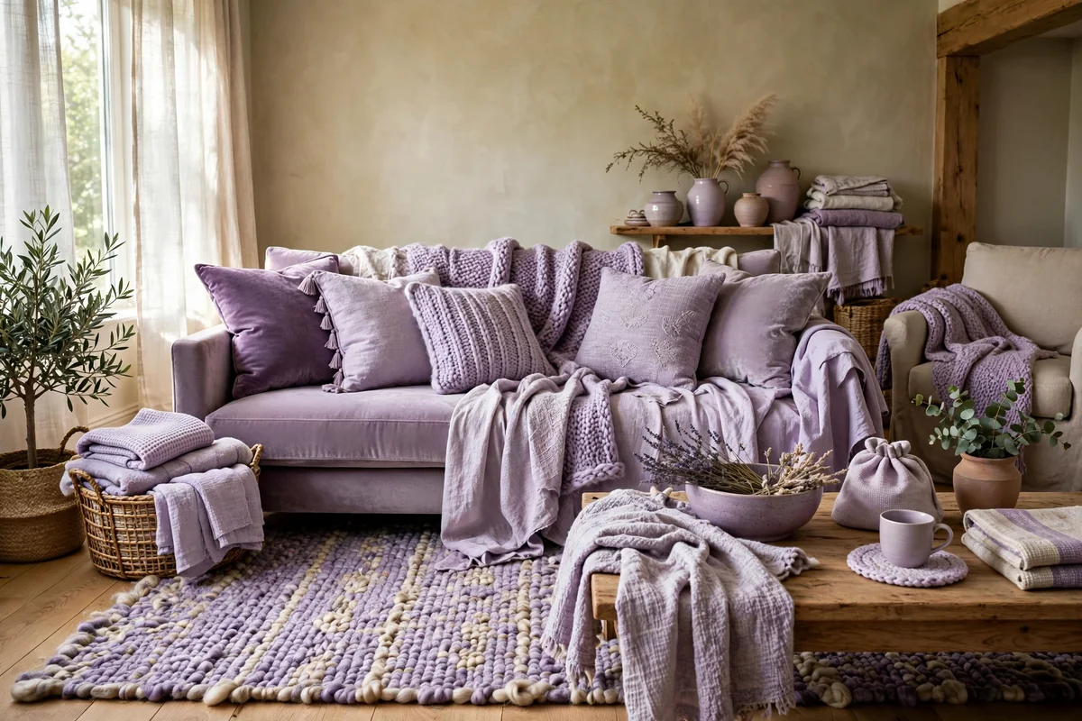 Living room with mixed lilac textures, velvet cushions, wool rug and layered fabrics