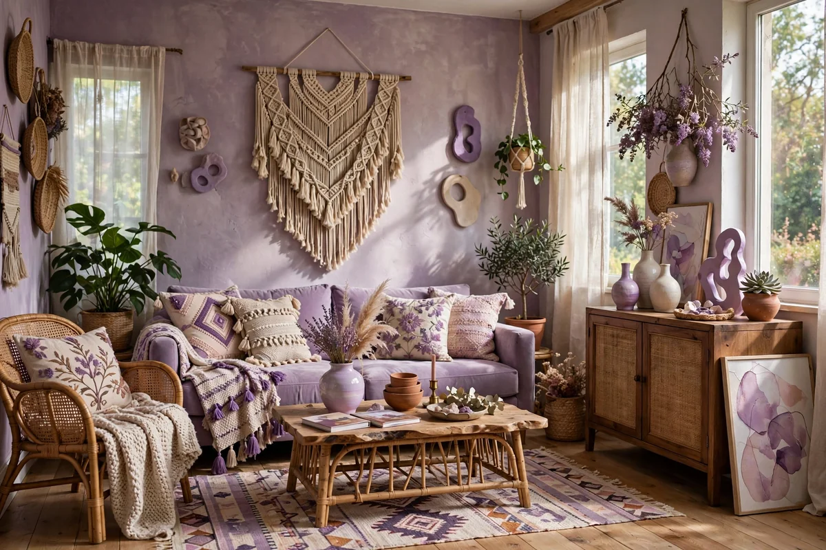 Bohemian style lilac living room with macrame wall hanging and artistic decor