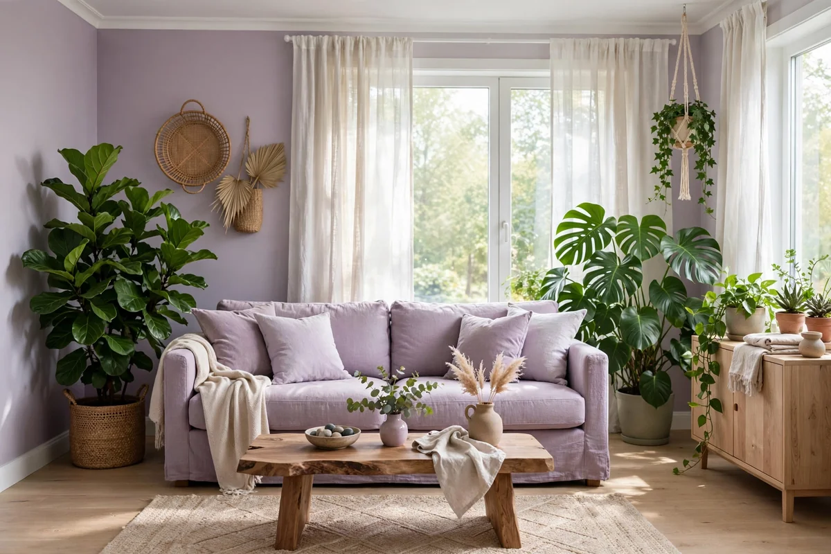 Lilac living room with lush green houseplants in the corners, fresh and calm