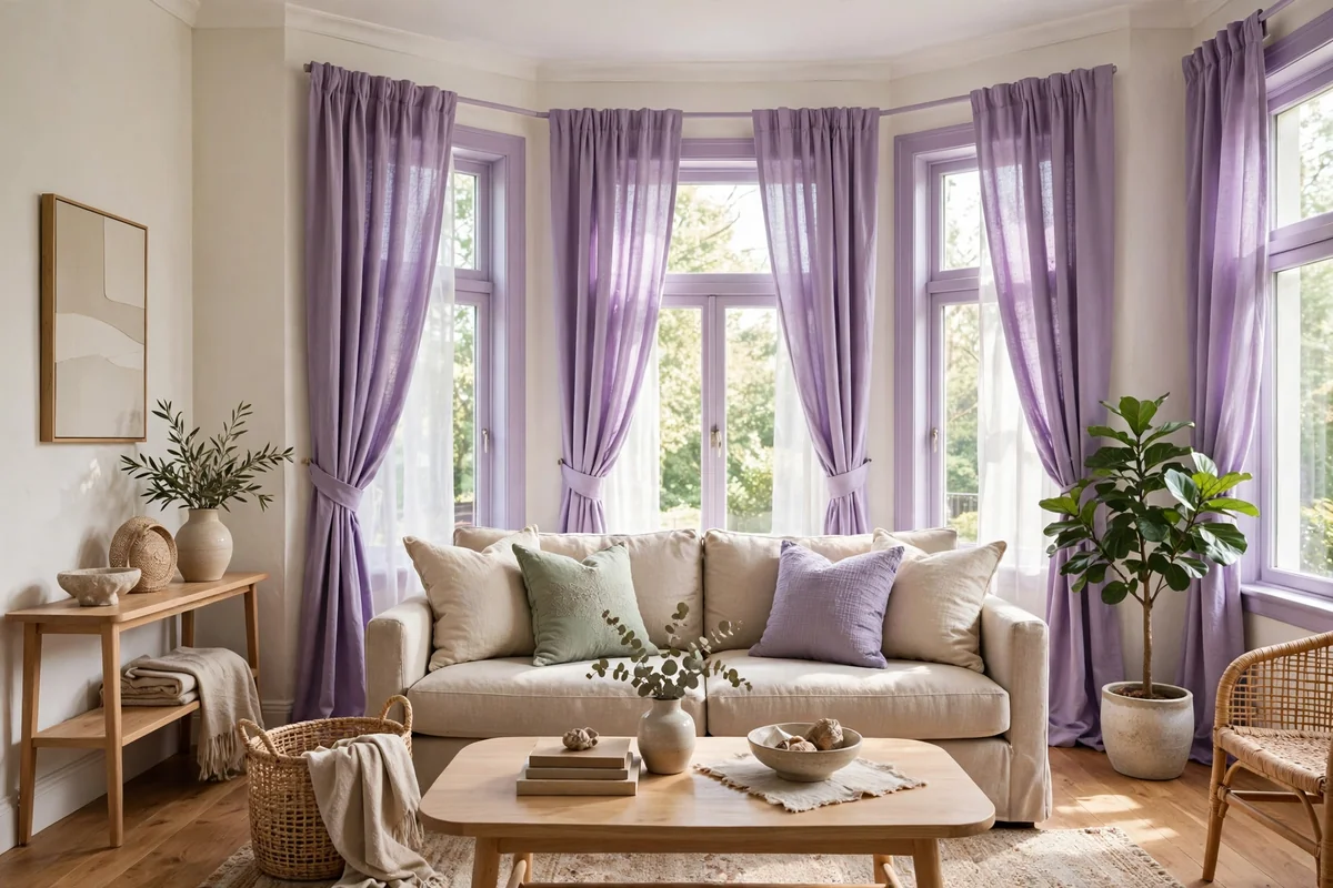 Living room with lilac window curtains and lilac window frame accents, bright