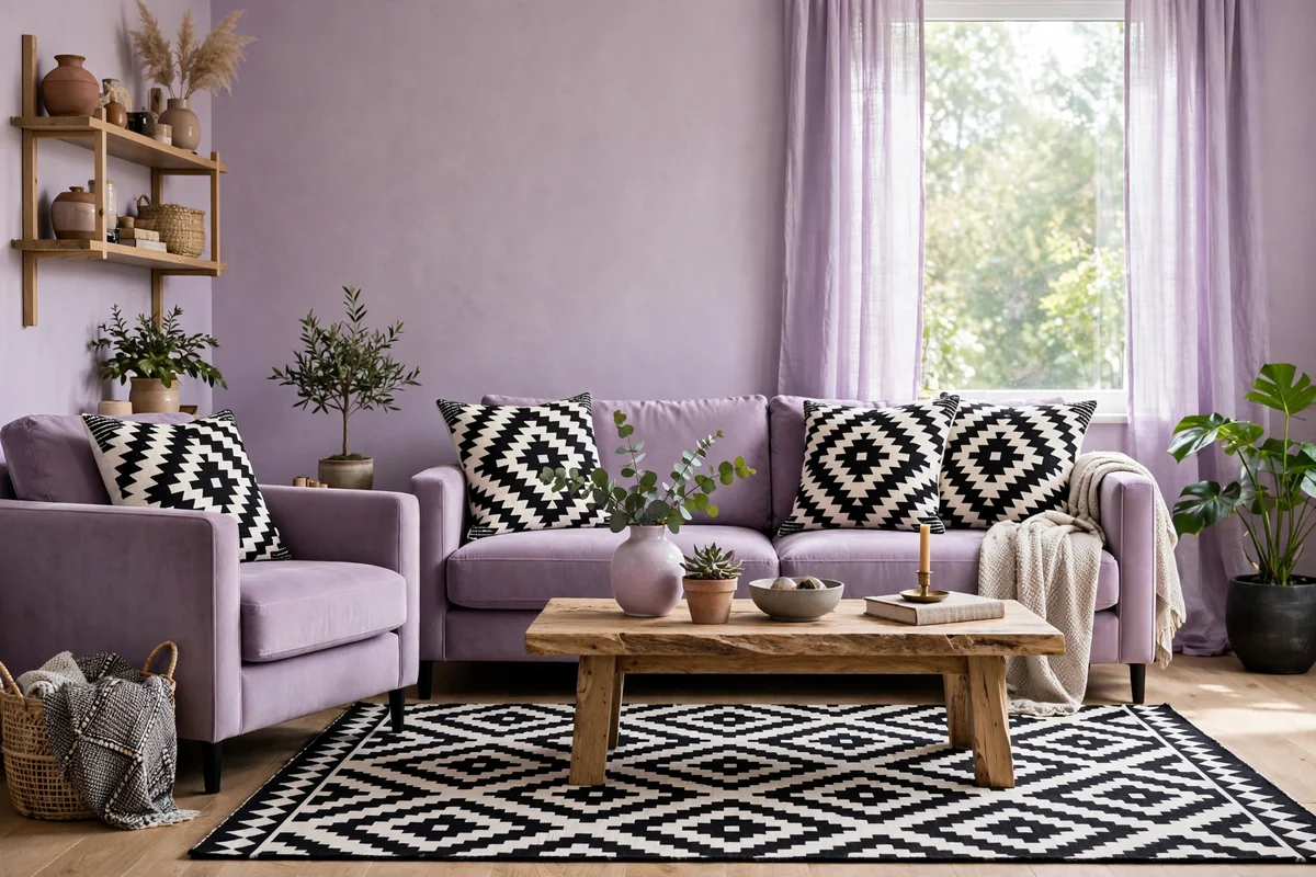 Lilac living room with black and white geometric patterned cushions and rug