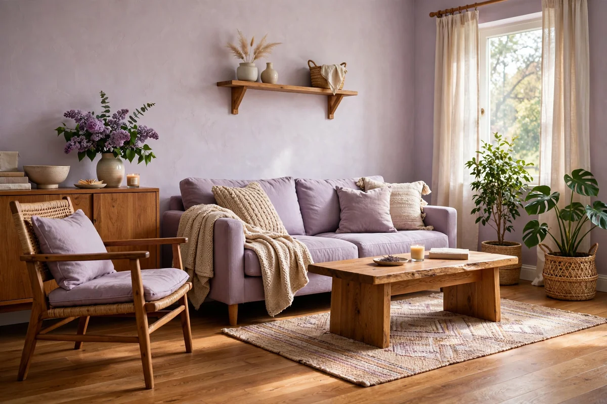 Lilac living room with warm wooden furniture and oak flooring, cozy