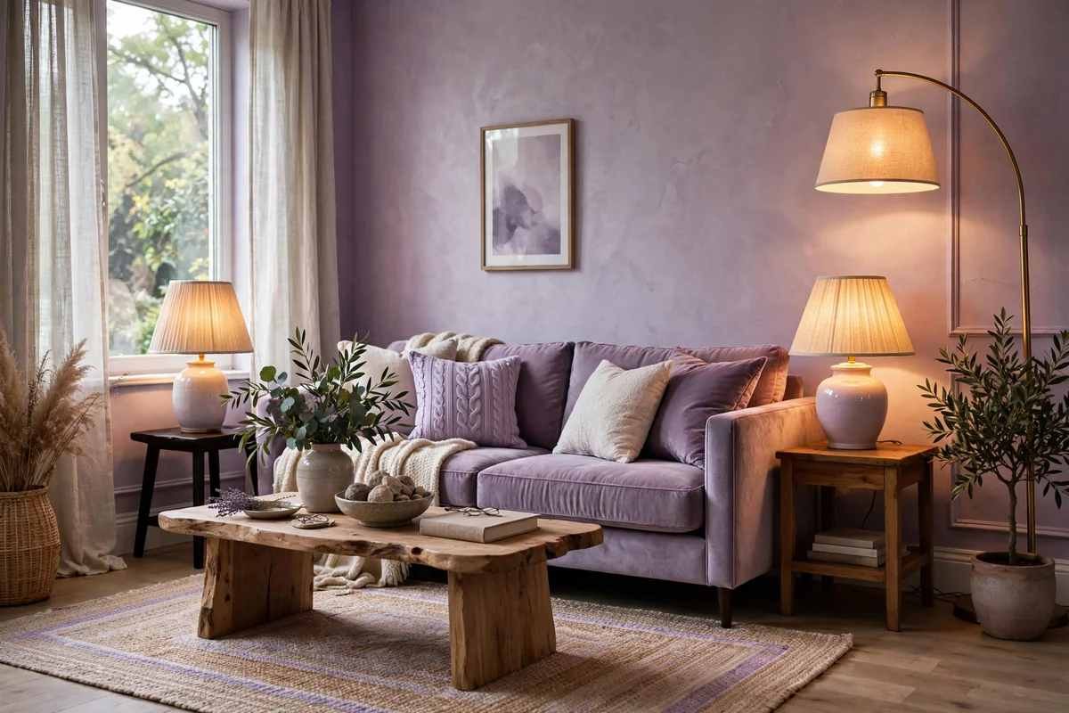 Lilac living room with layered lighting, table lamps and floor lamp glowing warmly