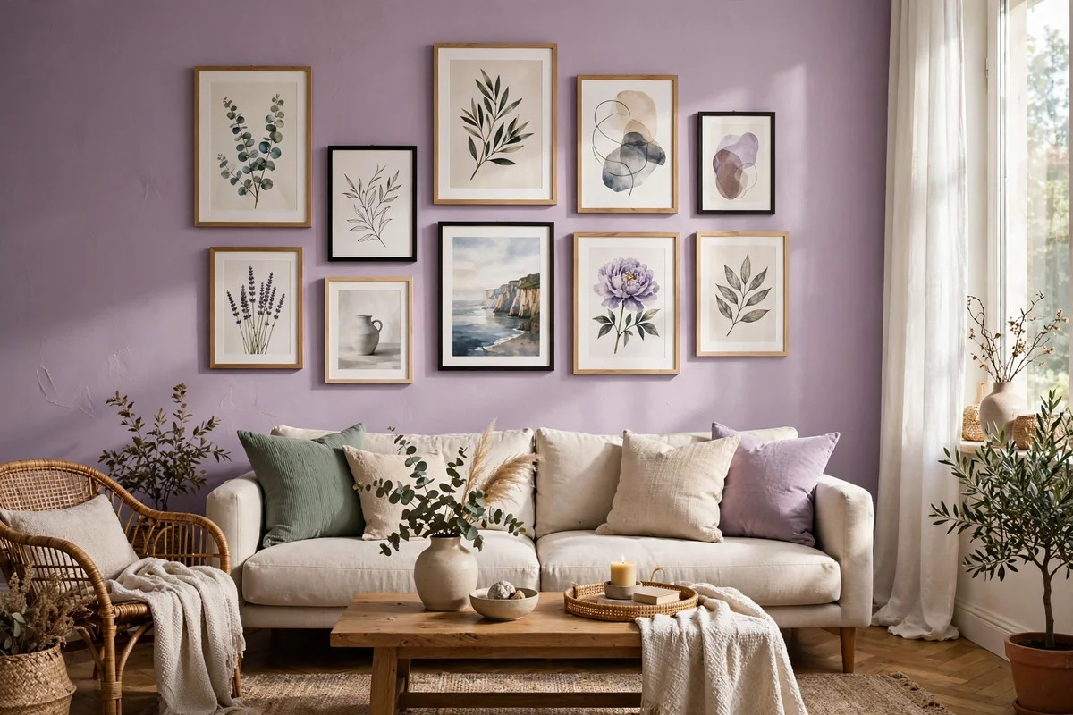 Lilac living room wall with framed art prints gallery, tasteful