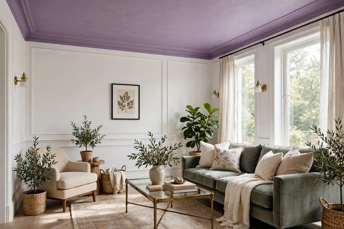 Living room with a lilac painted ceiling and white walls, unexpected and elegant
