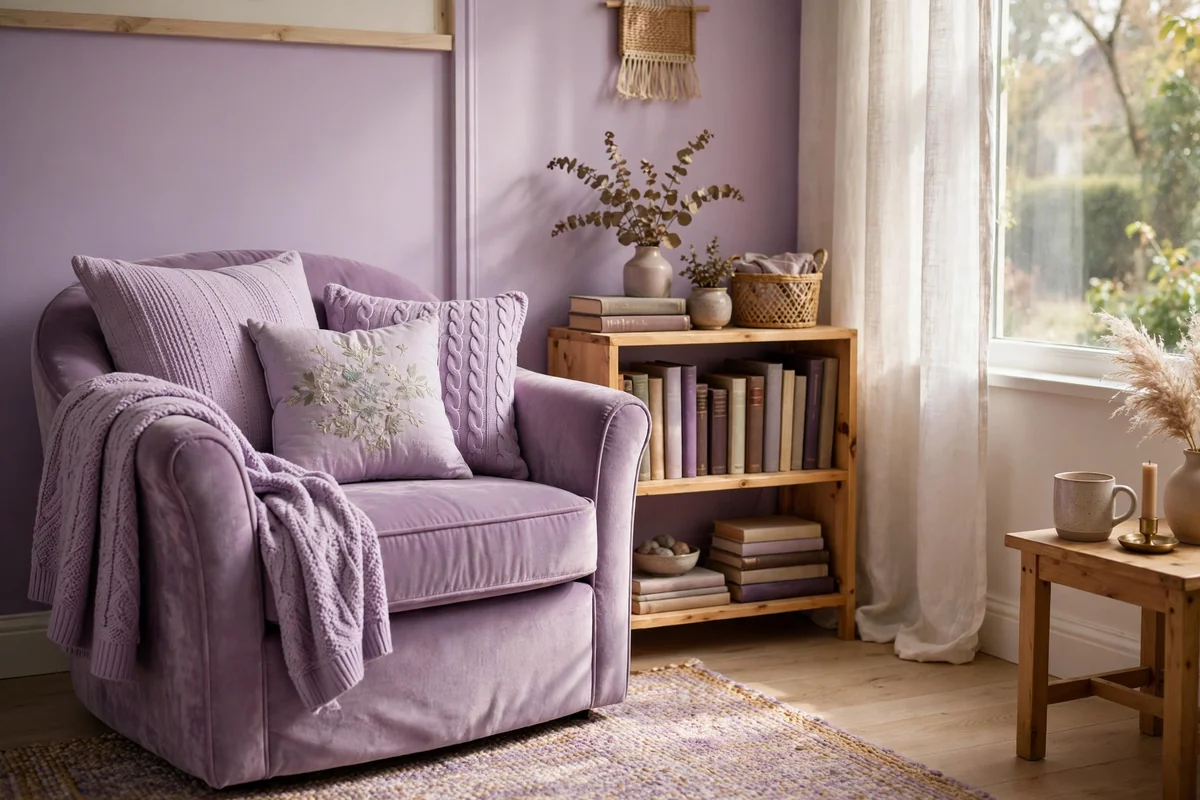 Cozy lilac reading corner with armchair, cushions and a small bookshelf