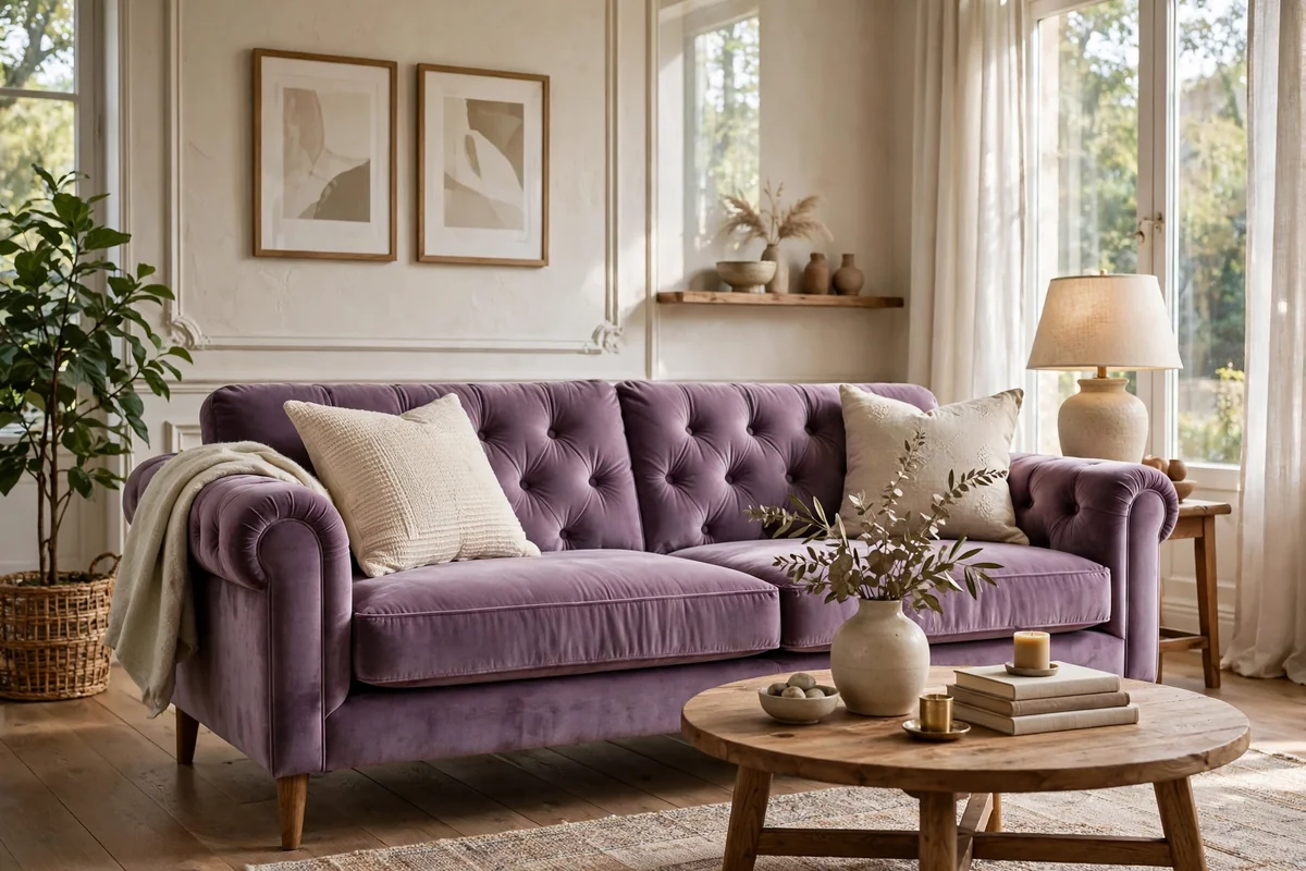 Living room with a lilac velvet upholstered sofa as the centerpiece