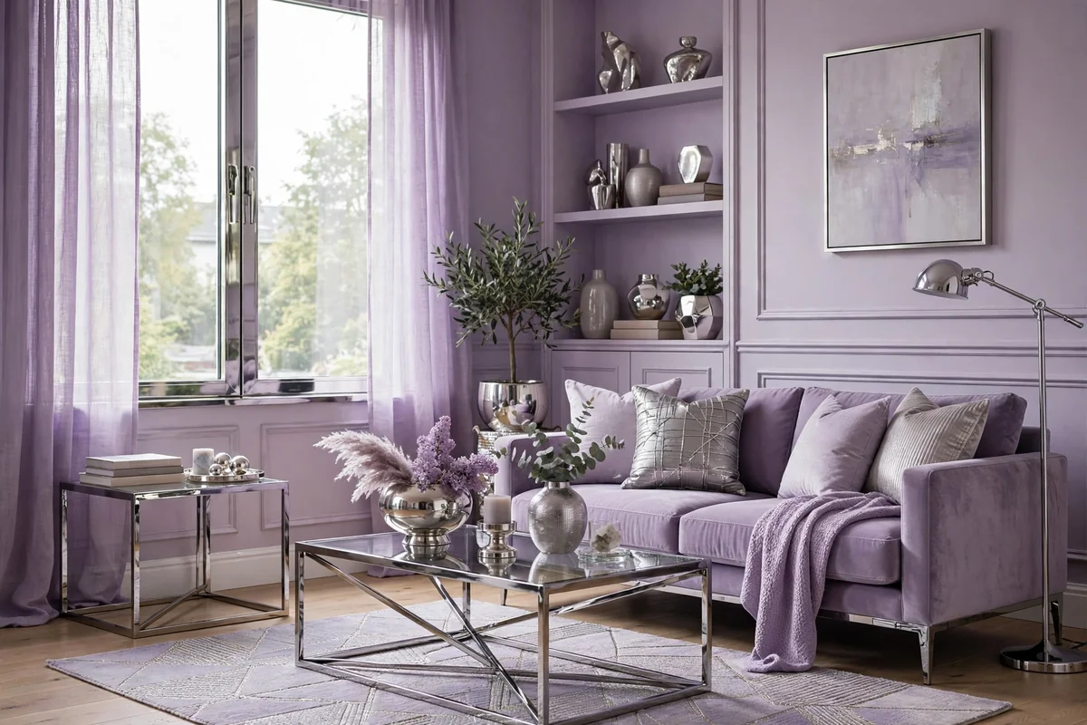 Lilac living room with silver and chrome accent details, cool and elegant