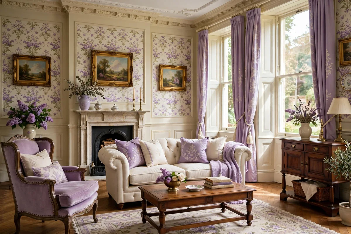 Heritage style living room with lilac and cream, classic furniture
