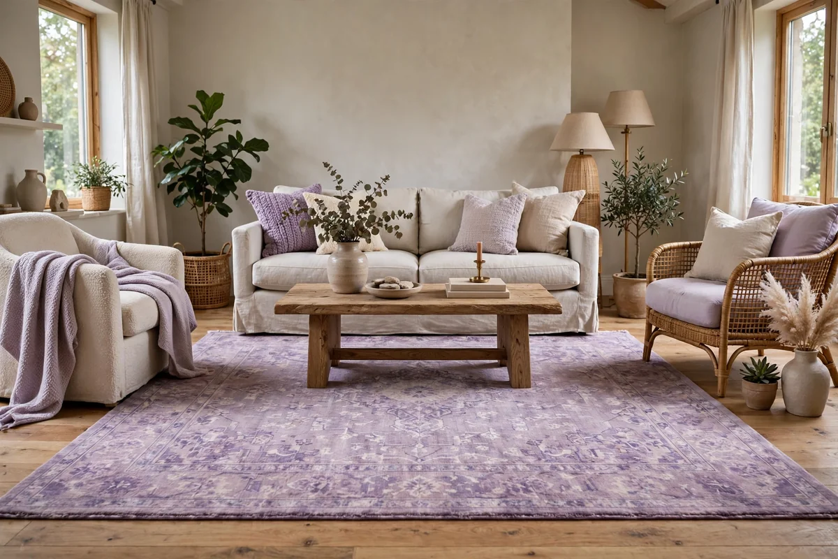 Living room with a large lilac area rug anchoring the seating arrangement