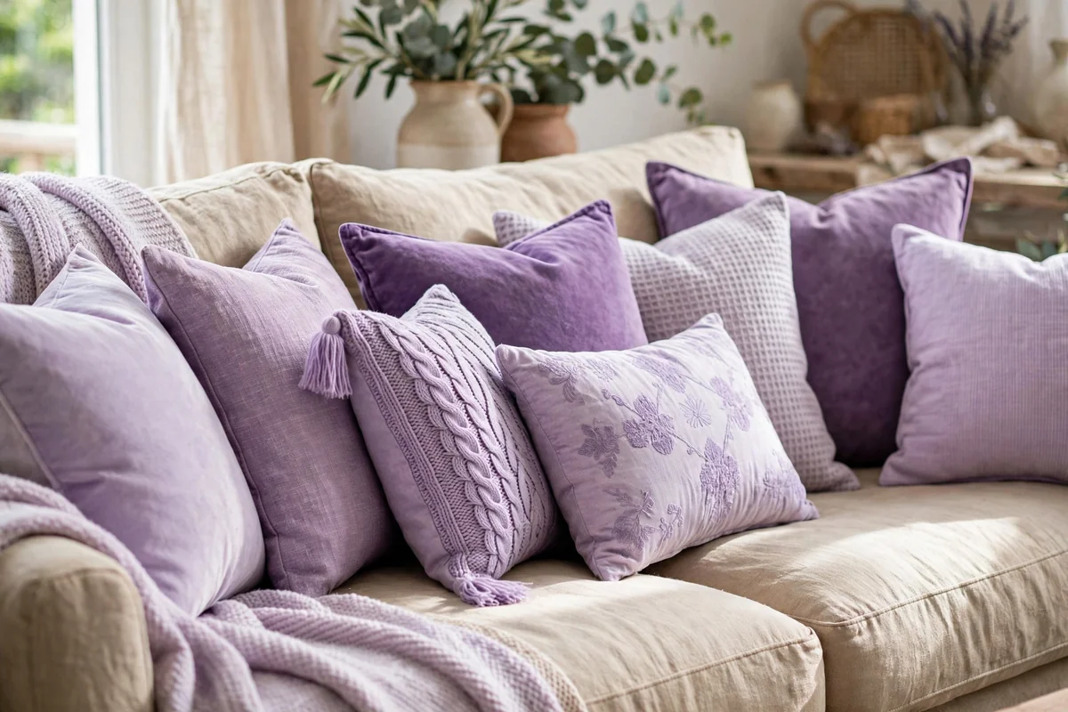 Sofa with lilac throw pillows in many shades, closeup styling