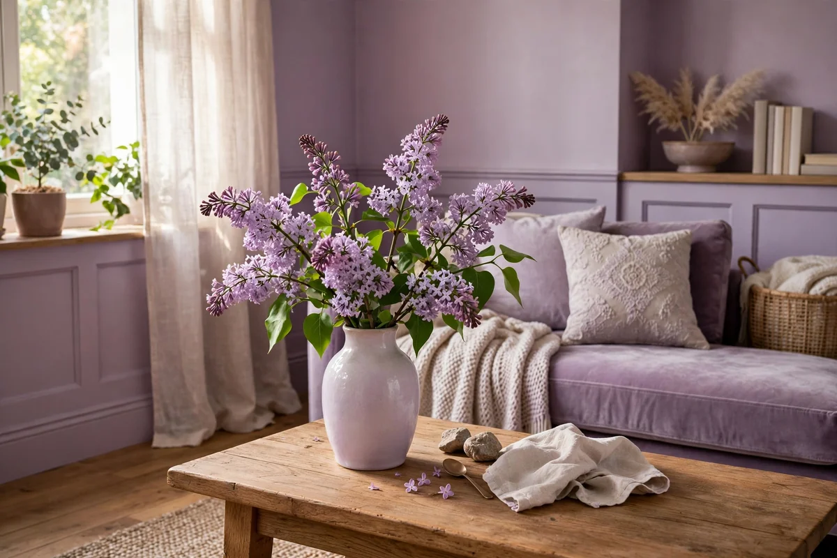 Vase with fresh lilac flower stems on a table in a lilac living room
