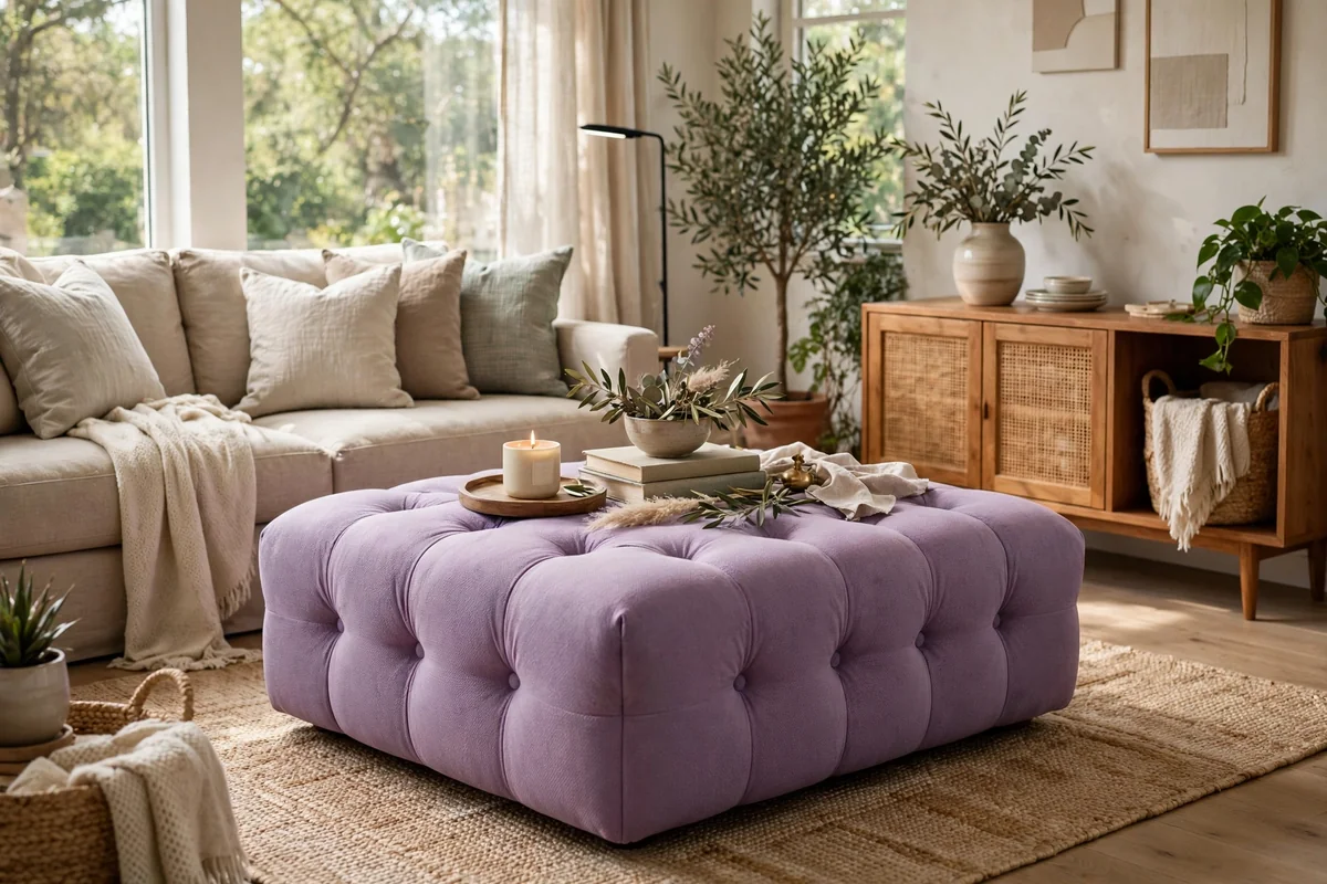 Living room with a lilac upholstered ottoman as a centerpiece, styled as a coffee table