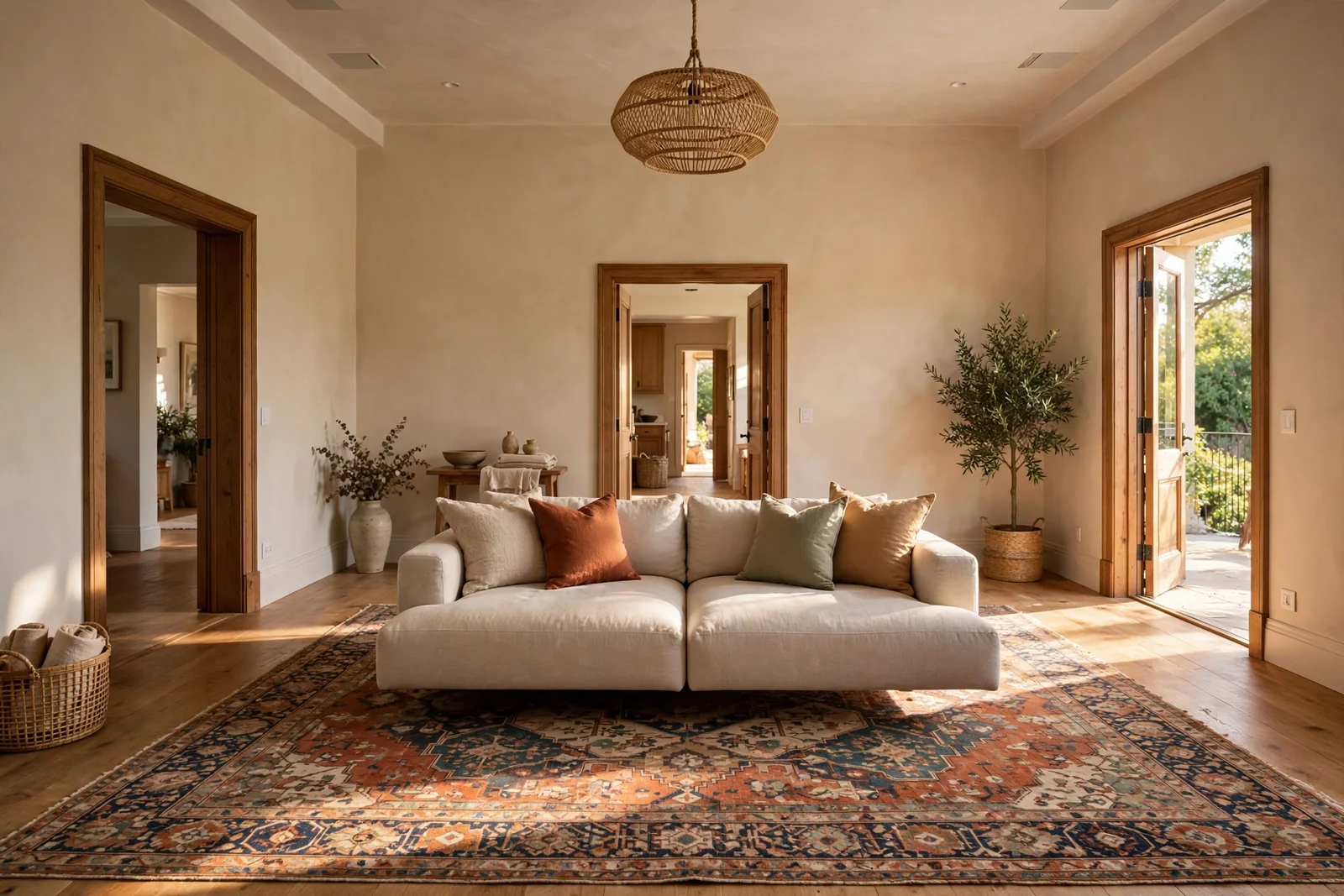 Living room with doorways on every wall and a floating sofa island centred on a large rug.