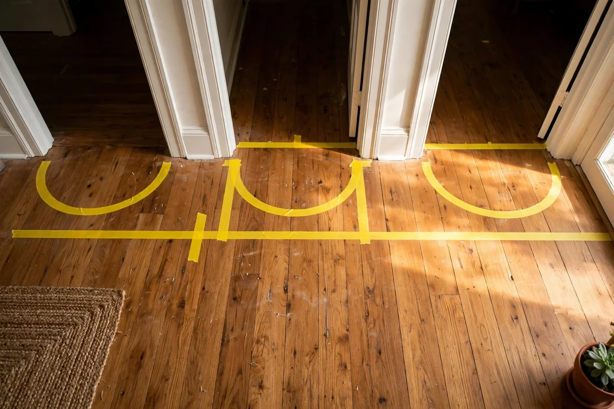 Tape outlines on a wood floor show where doors swing and people walk between three doorways.