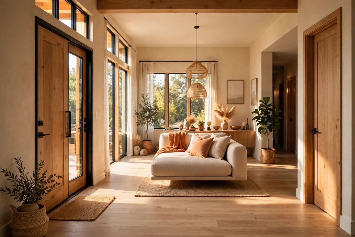 A wide clear walkway passes a floating sofa island between the entrance and hallway doors.