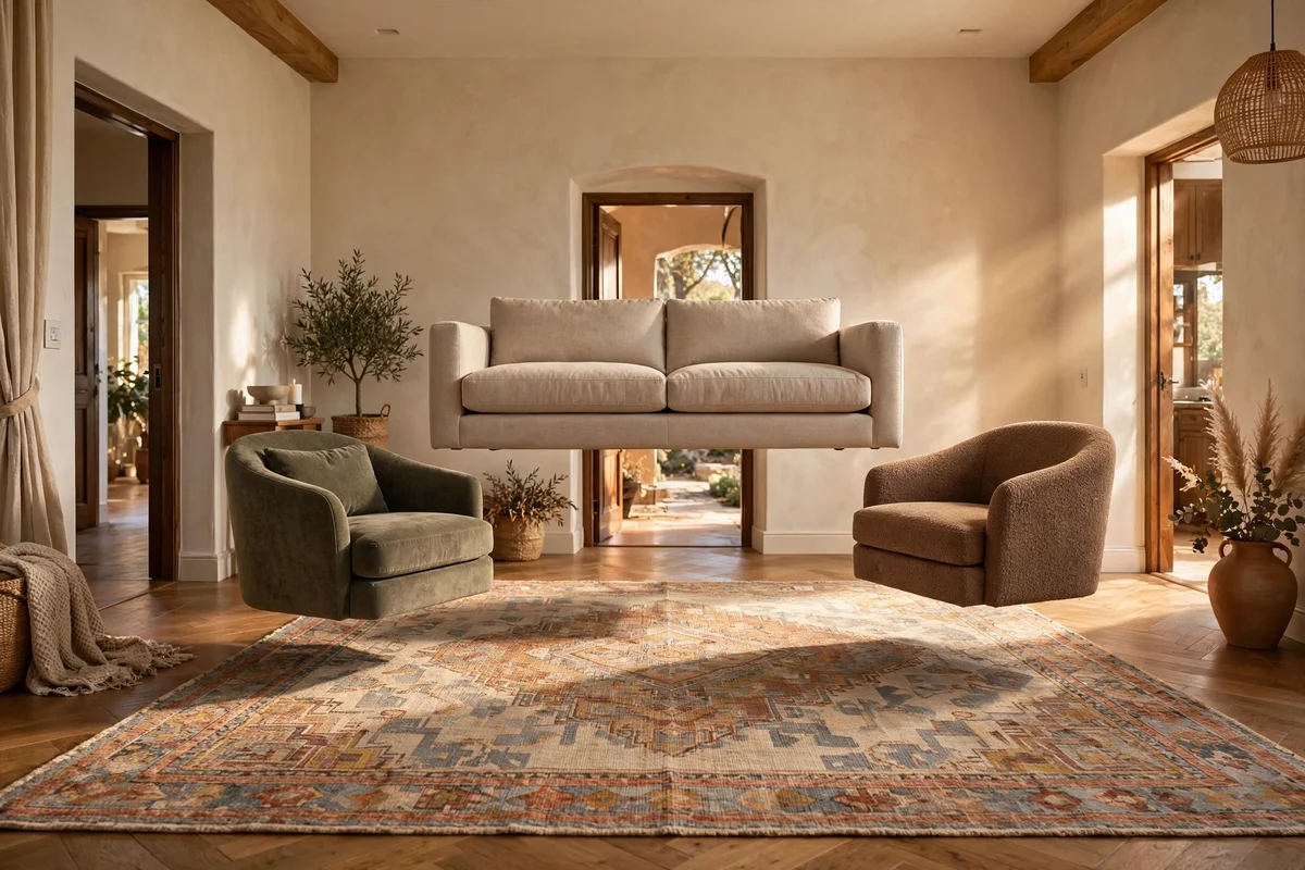 A sofa and two chairs float on a large rug in the middle of a room with doorways on every wall.