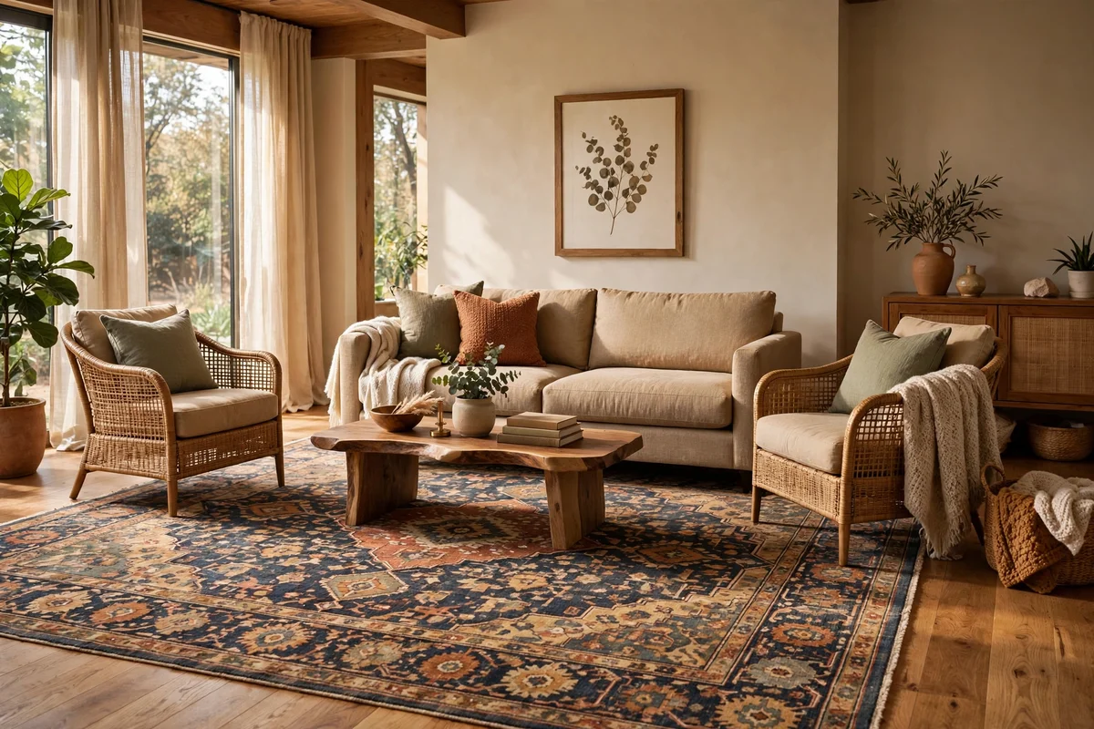 A large patterned rug anchors a floating sofa and chairs with a clear walking lane at its edge.