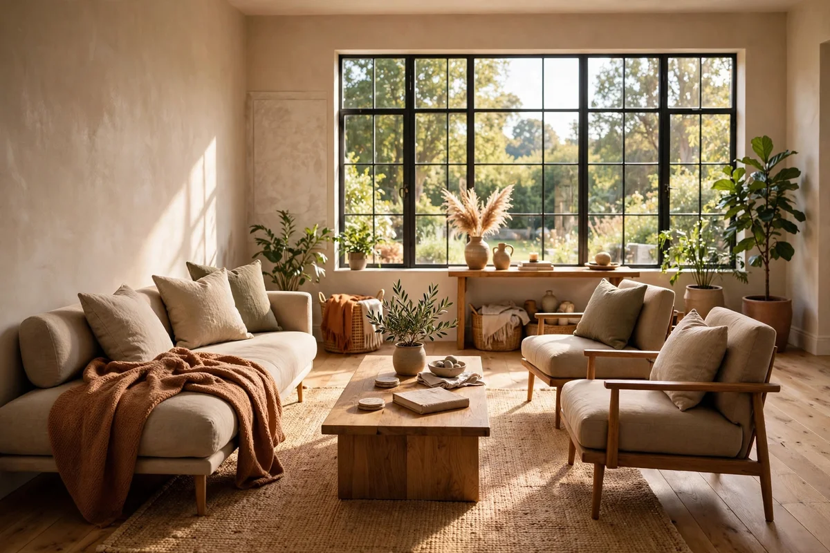 Low backed sofa and chairs let the eye travel across the room to a bright window uninterrupted.