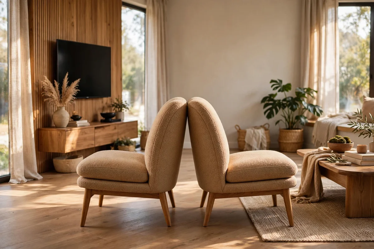 Two matching lounge chairs sit back to back in the middle of a living room, dividing two zones.
