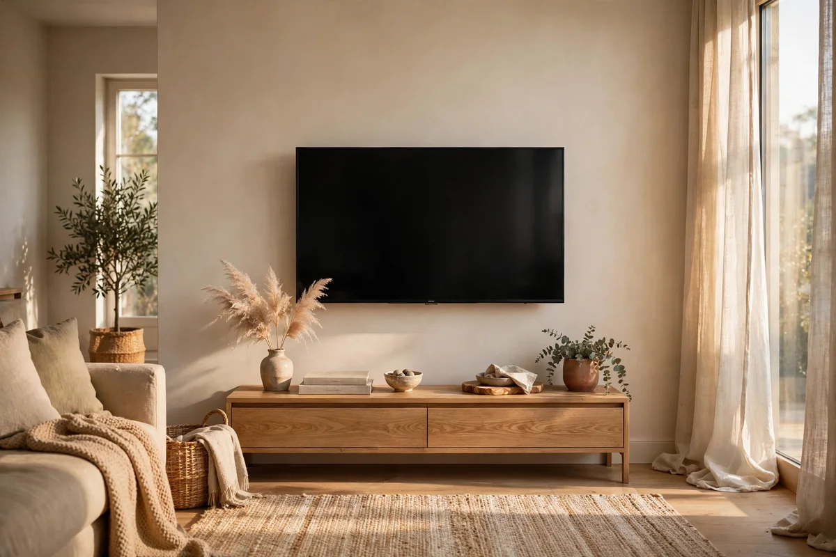 A television mounted on the only solid wall of a living room, with a slim console below it.