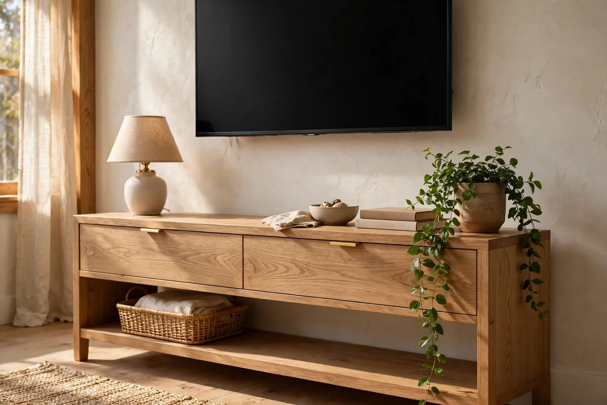 A slim oak console beneath a mounted television holds a lamp, remote tray and trailing plant.