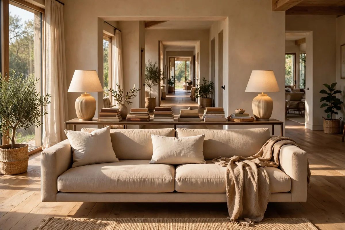 A styled console table behind a floating sofa marks the boundary of the walking lane.