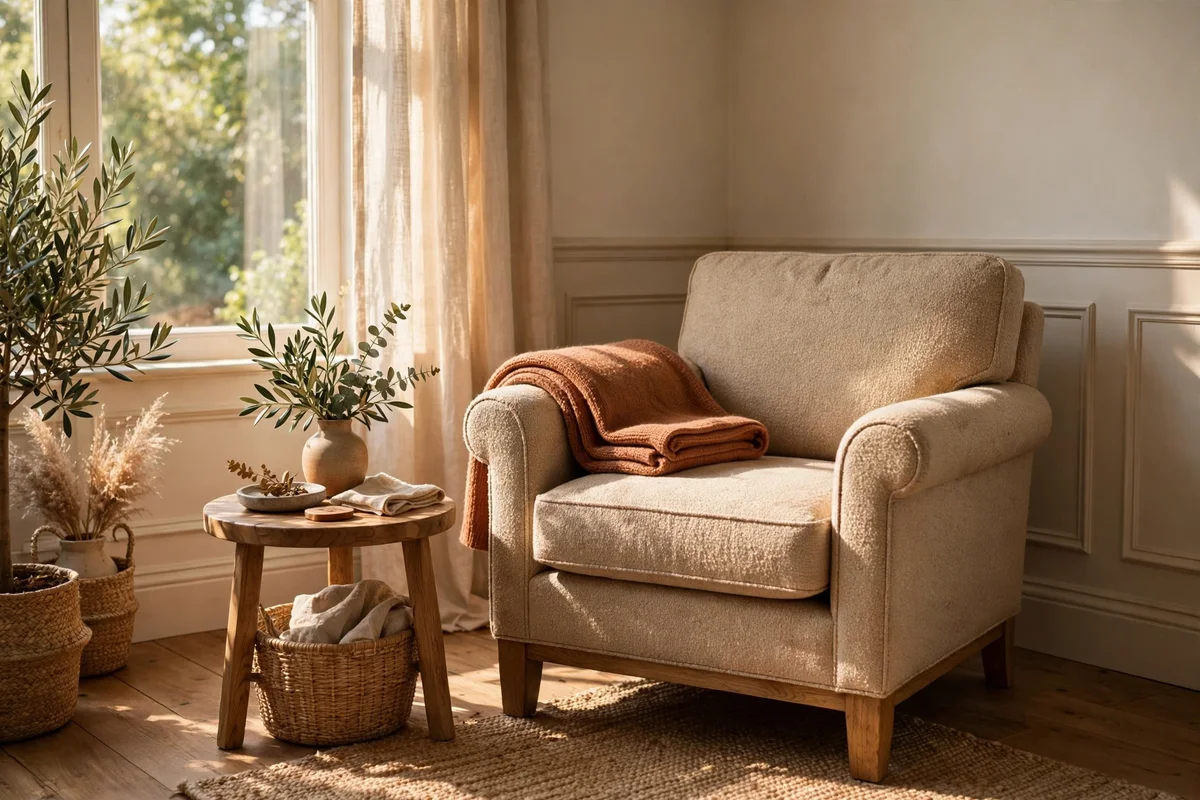 A cosy armchair with side table and throw turns an awkward corner into a reading spot.