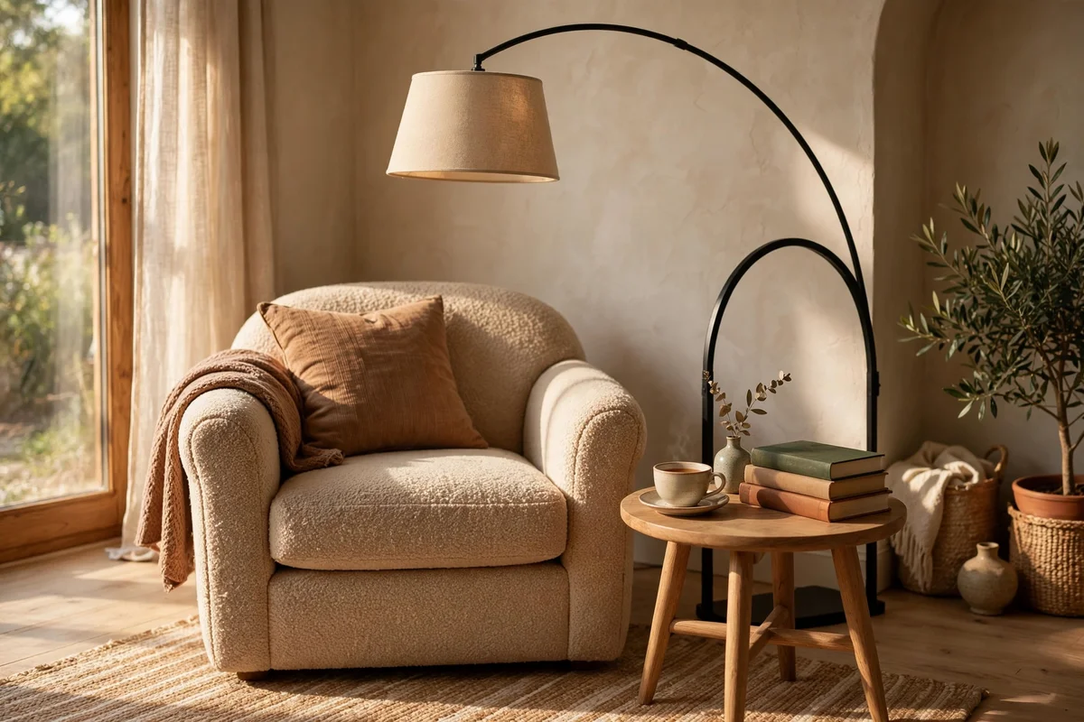 A reading corner with armchair, floor lamp and side table with teacup and books.