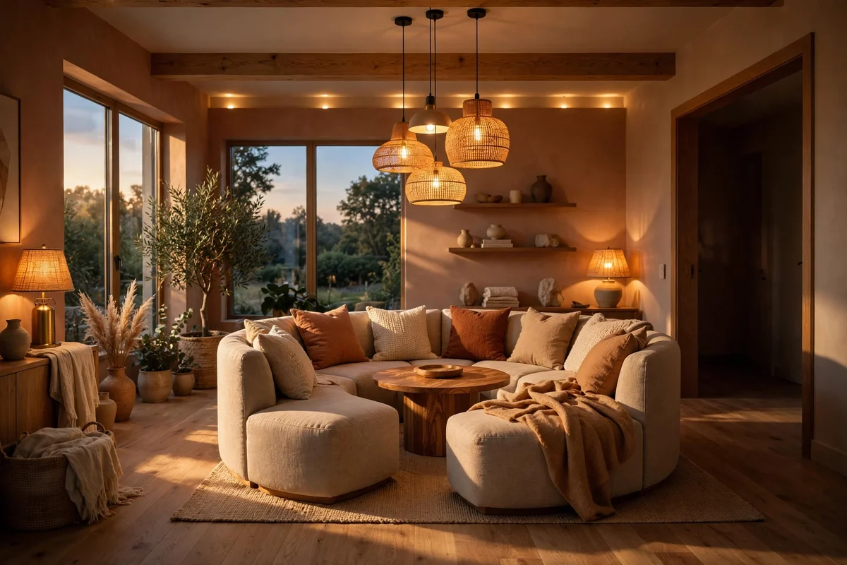 Warm layered light glows over the central seating island while doorway edges stay softly dim.