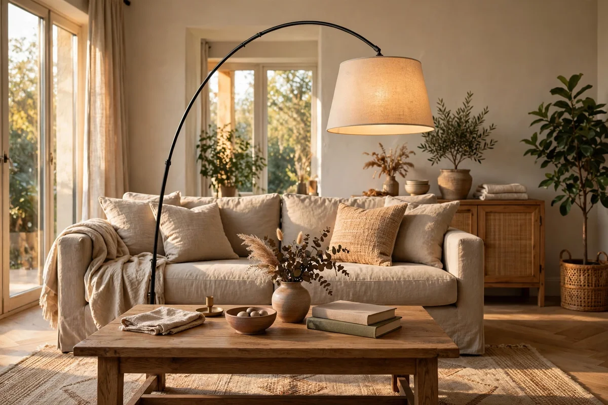 An arc floor lamp reaches from behind the sofa to glow over the coffee table.