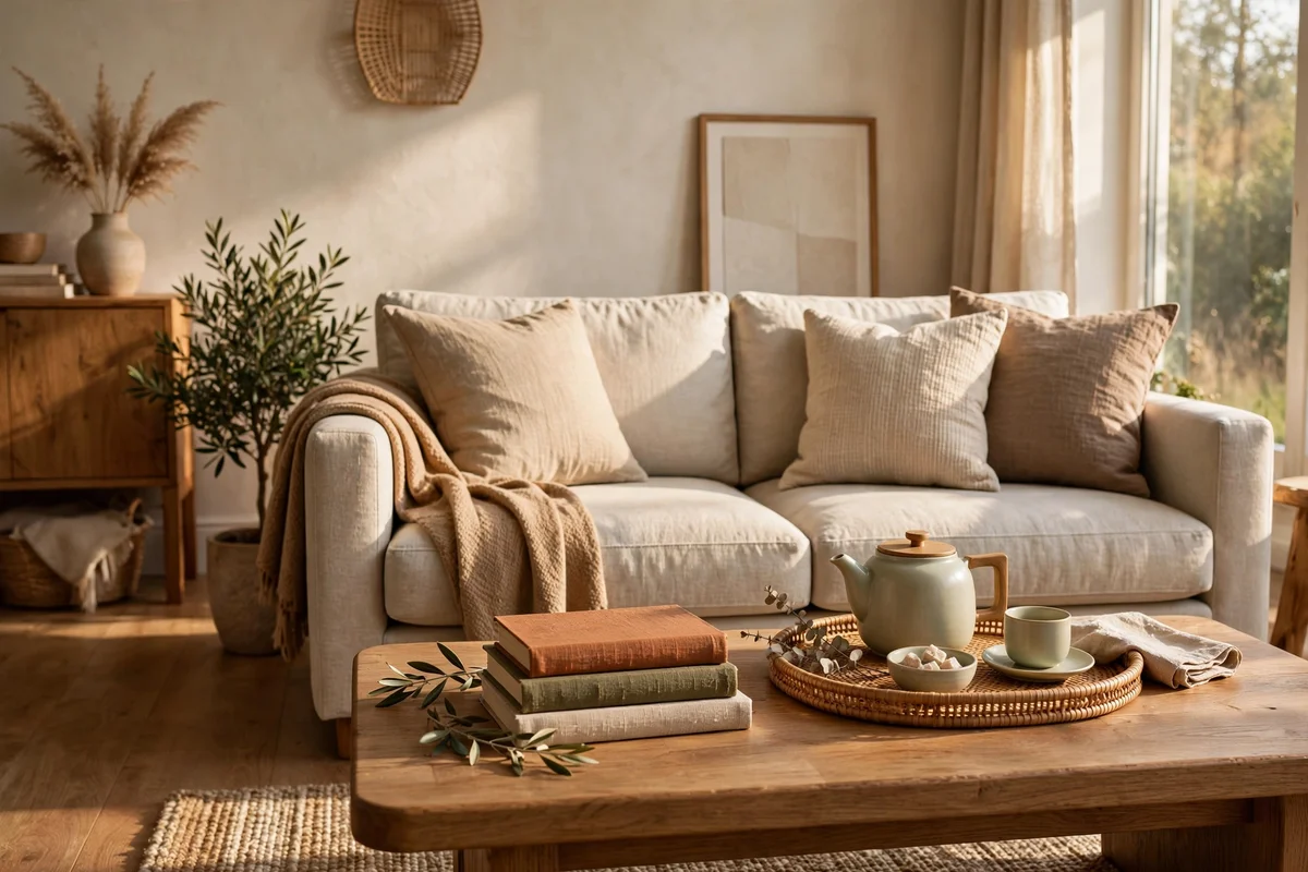 A coffee table sits at a comfortable reaching distance from the sofa with a tea tray on top.