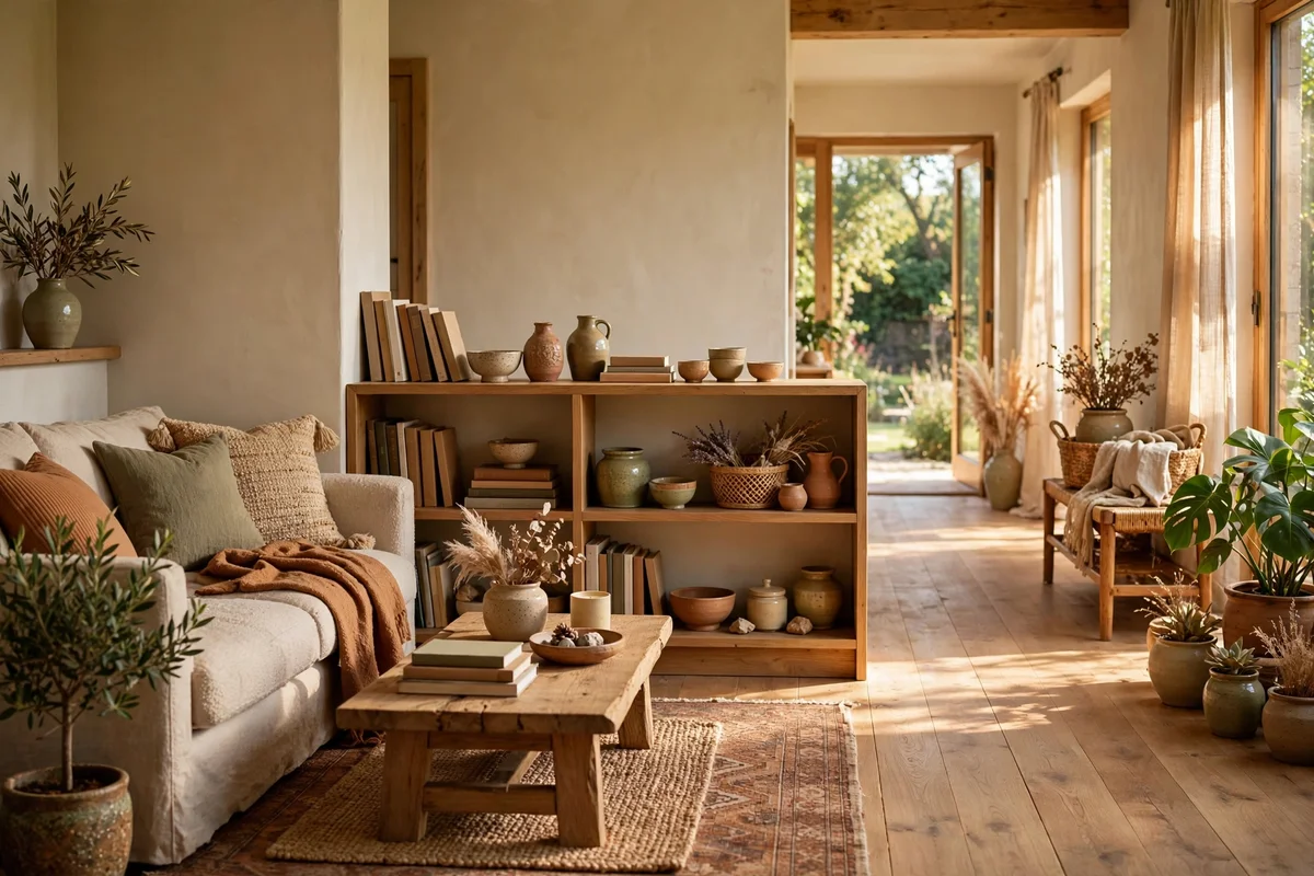 A low open bookcase divides the seating island from a walking lane, books facing inward.