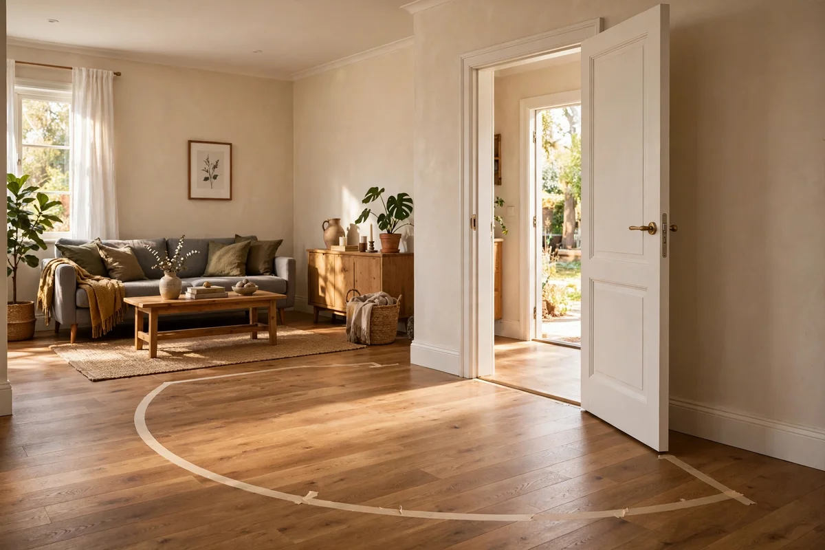 An opened door reveals a clear arc of empty floor, with all furniture set safely back.