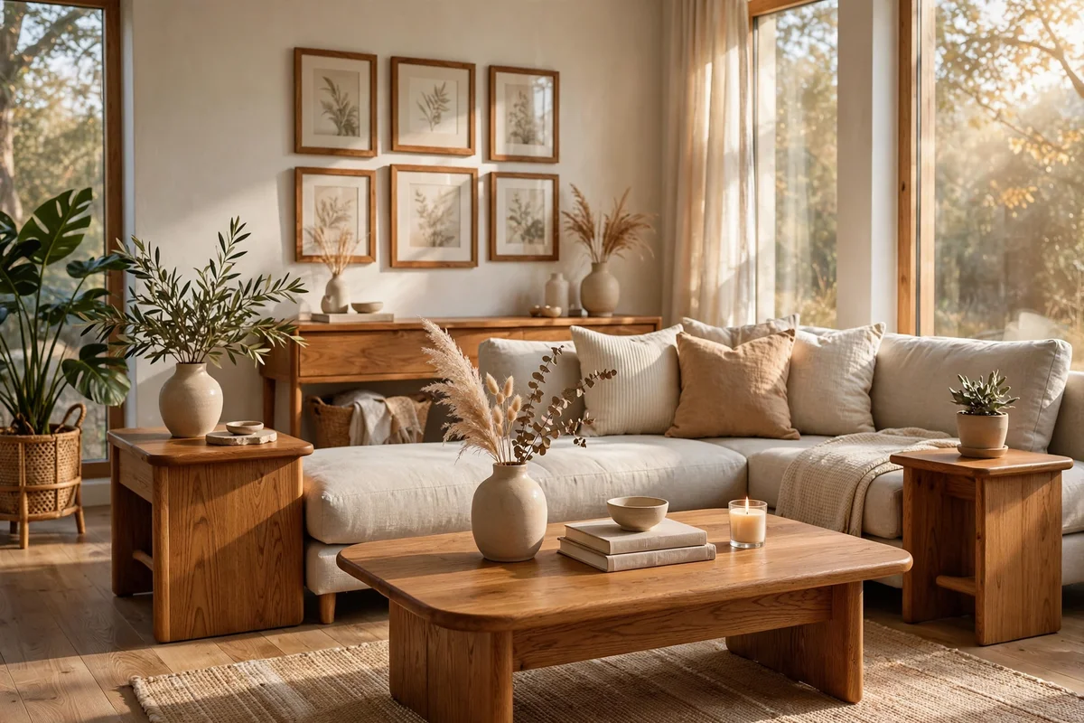 Warm oak repeats across console, coffee table and frames, unifying the chopped walls.