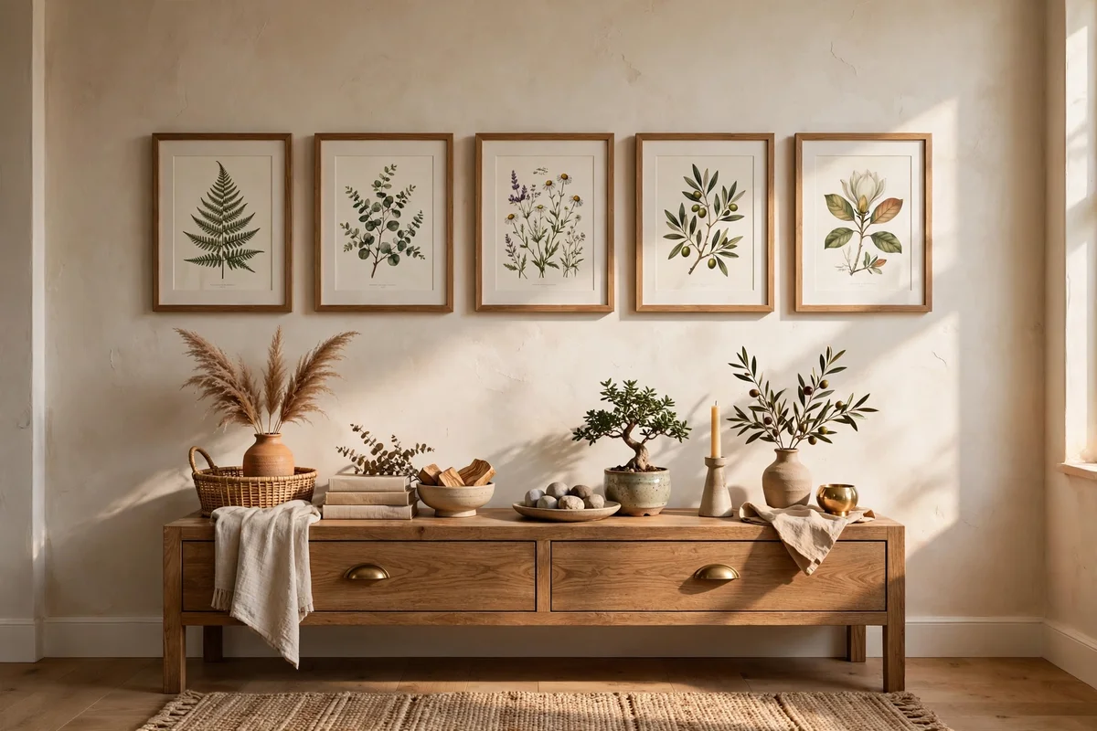 One calm row of framed botanical prints hangs above the console facing the entrance.