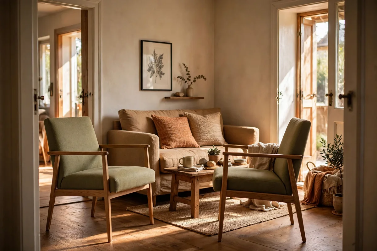 Two slim armchairs angle toward the sofa, fitting neatly between two doorways.