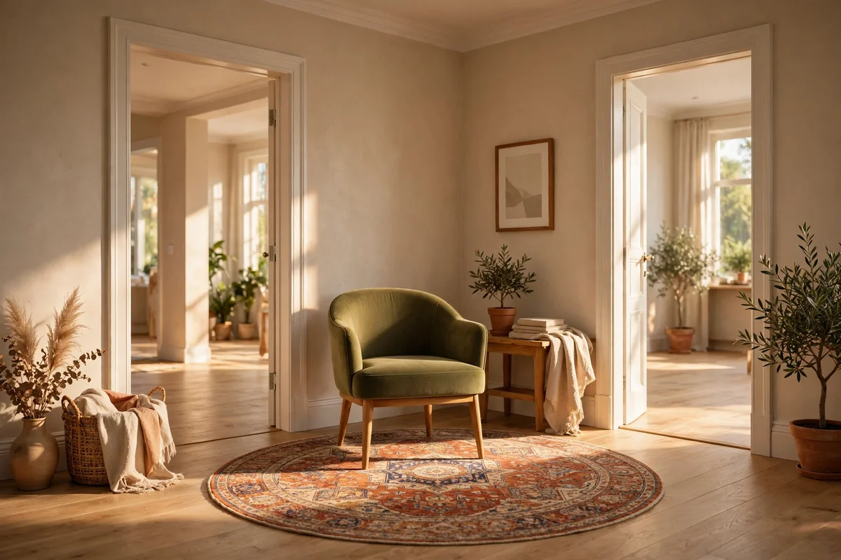 A round rug under a single accent chair defines a small zone between two doorways.