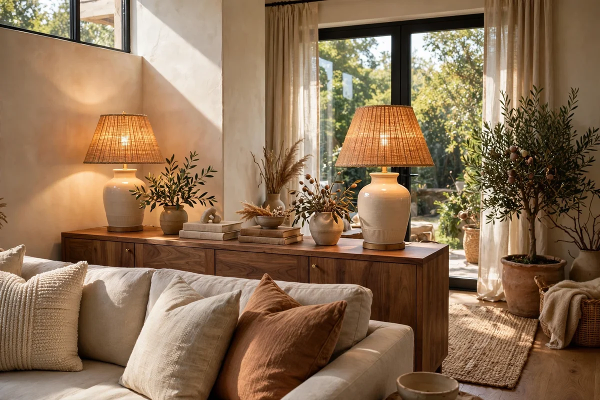 Two matching table lamps glow at identical heights on the console behind the sofa.