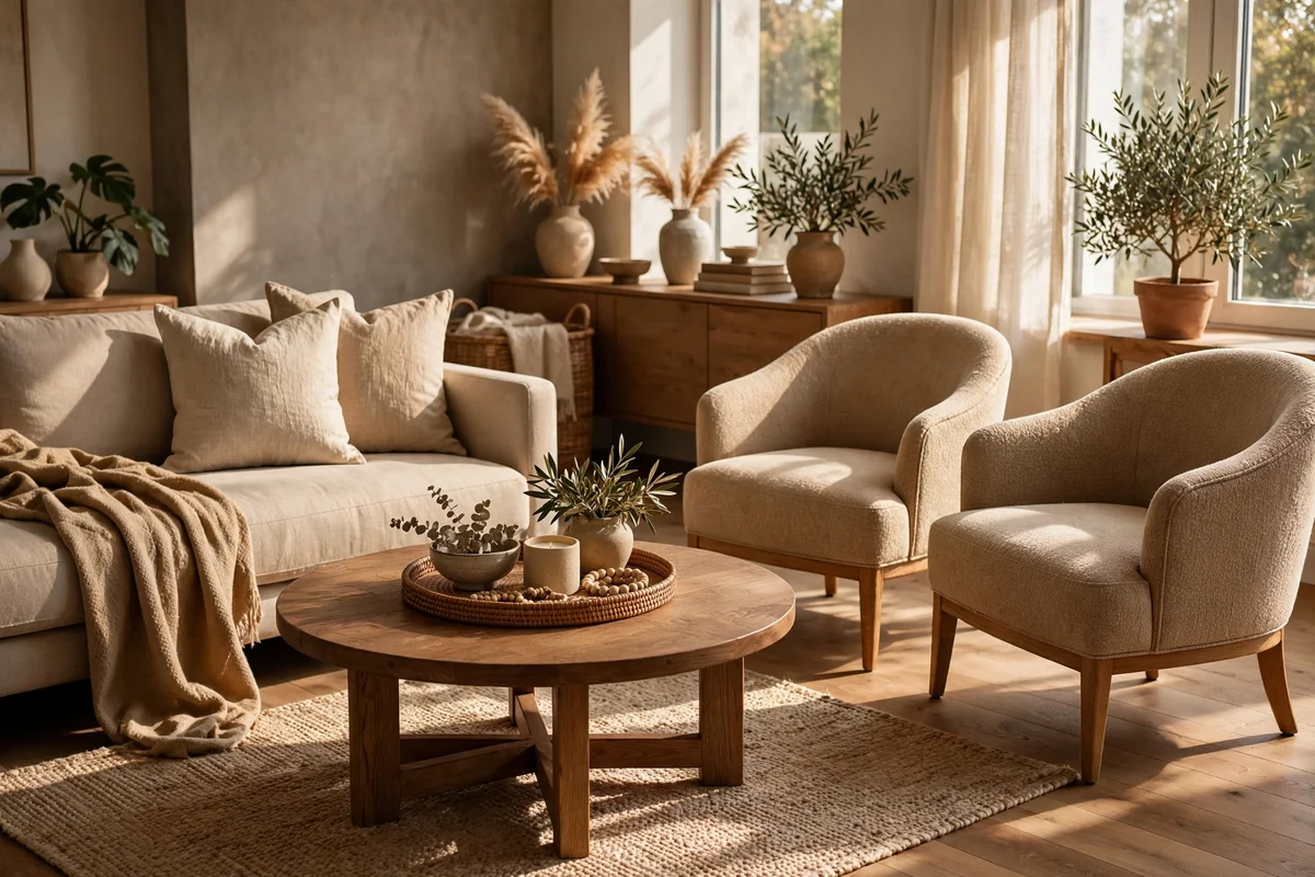 A round wooden coffee table with a central tray sits between the sofa and chairs.