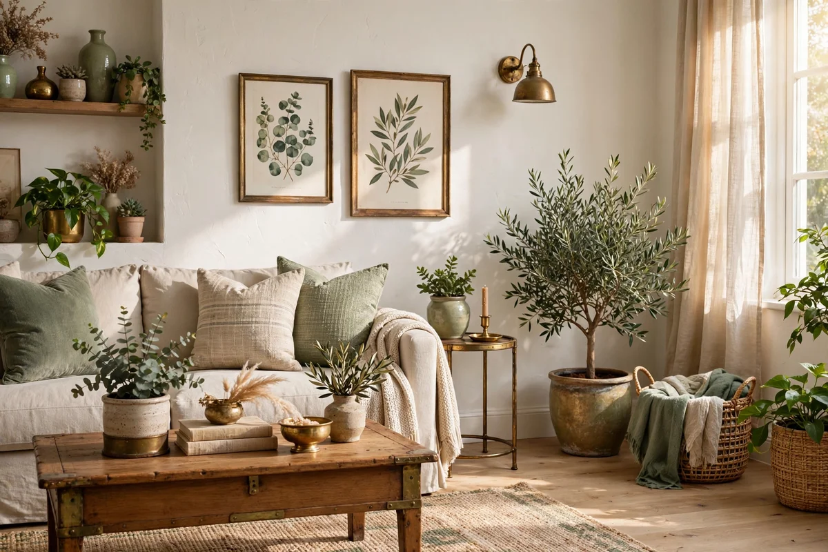 A calm palette of warm white, oatmeal, sage and brass unifies every wall fragment.