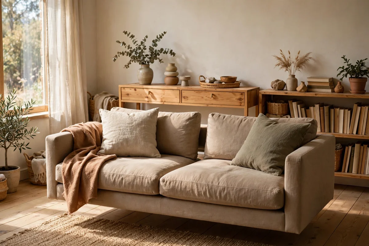Living room sofa floated a few centimetres off the wall with a slim console behind it