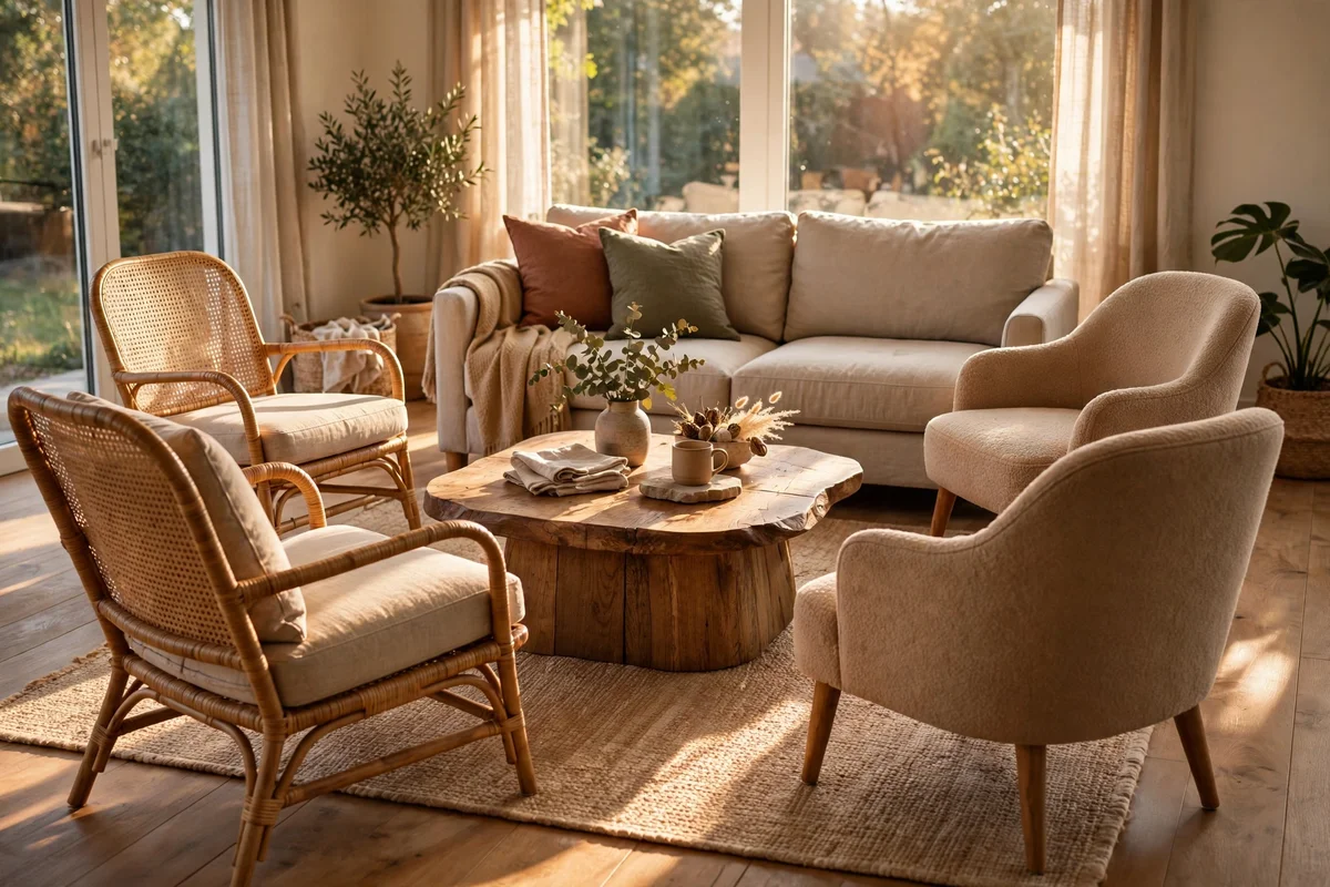 Accent chairs pulled into a loose circle around a coffee table in a living room